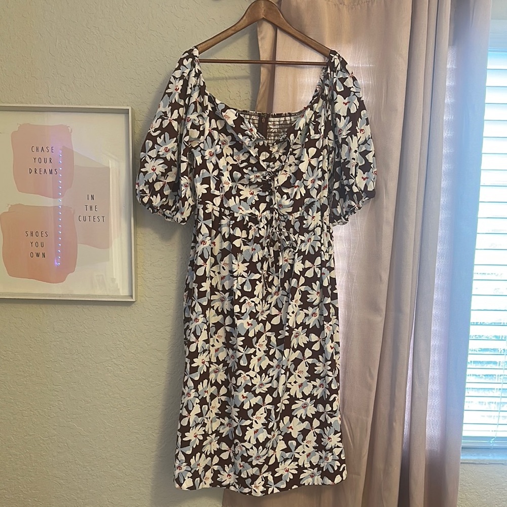Floral Puff Sleeve Dress - Brown and White